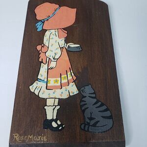 Vintage Artist Signed Holly Hobbie Hand Painted Wall Plaque Gray Cat